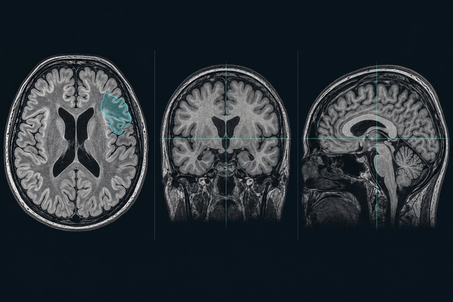 合成脑部 MRI 概念影像，展示轴位、冠状位、矢状位及青绿色分割区域；非患者数据